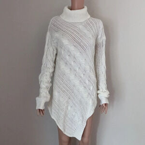 Lola B. Cable Knit Asymmetrical Turtle Neck White Sweater Dress Size L